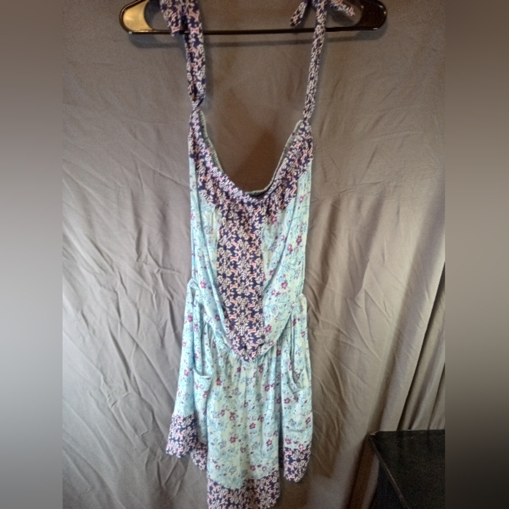 Lucky Brand Aqua Blue Floral Romper with Tie Straps